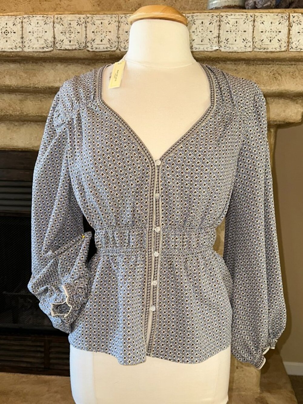 NEW Tunic peasant blouse, boho retro print w/ trim, ruffle